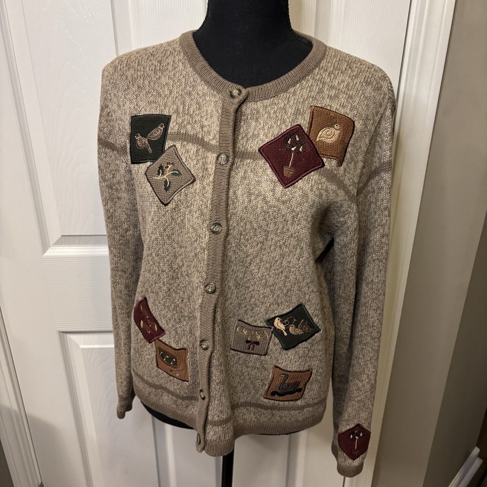 Christopher & Banks‎ VTG 12 Days of Xmas Cardigan Tan Embroidered CottageCore SM